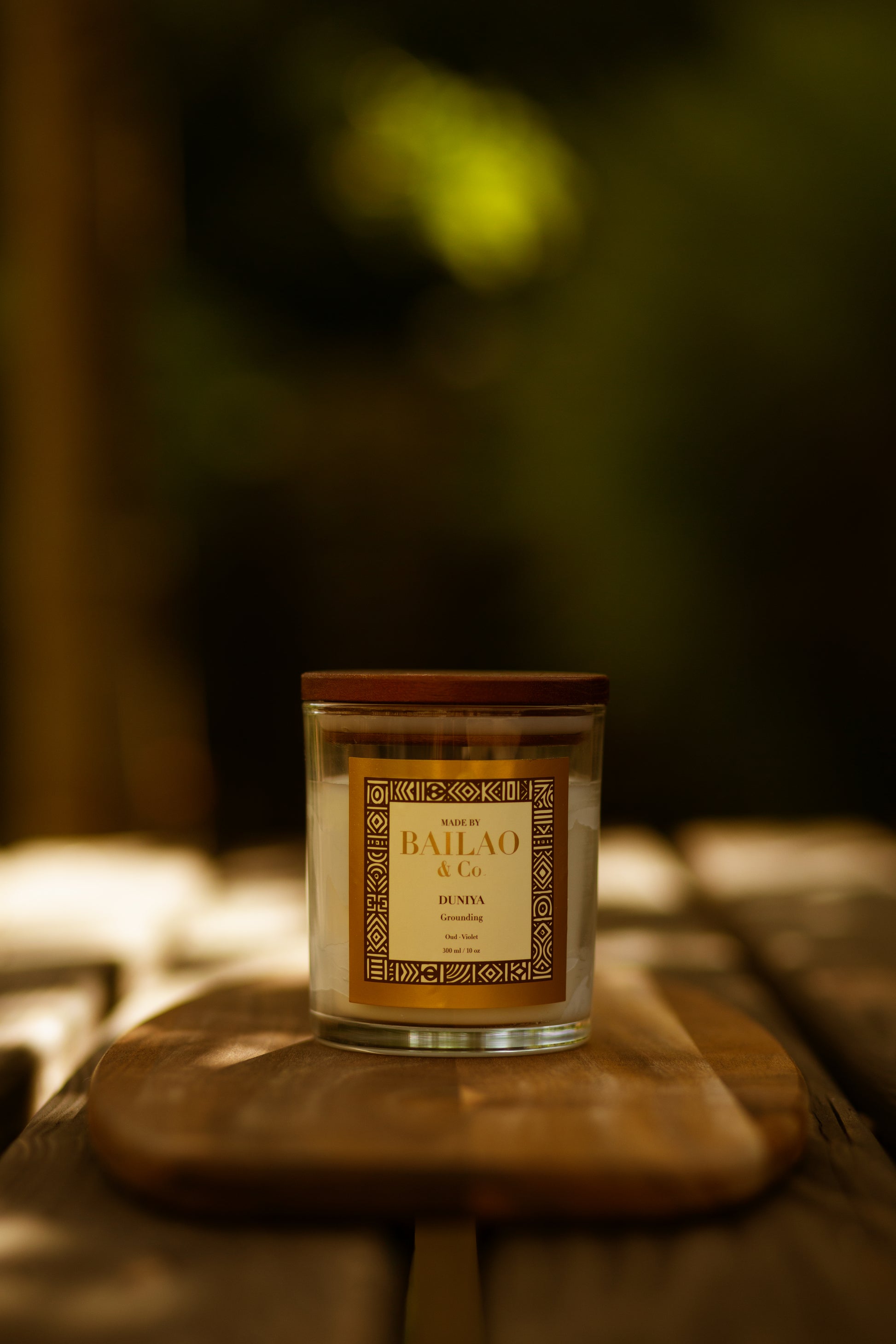 A glass jar candle with a dark brown lid and a cream label reading 'BAILAO & Co' and 'RESPA', placed on a wooden board outdoors with a blurred natural background.