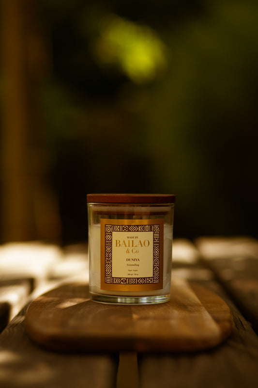 A glass jar candle with a dark brown lid and a cream label reading 'BAILAO & Co' and 'RESPA', placed on a wooden board outdoors with a blurred natural background.